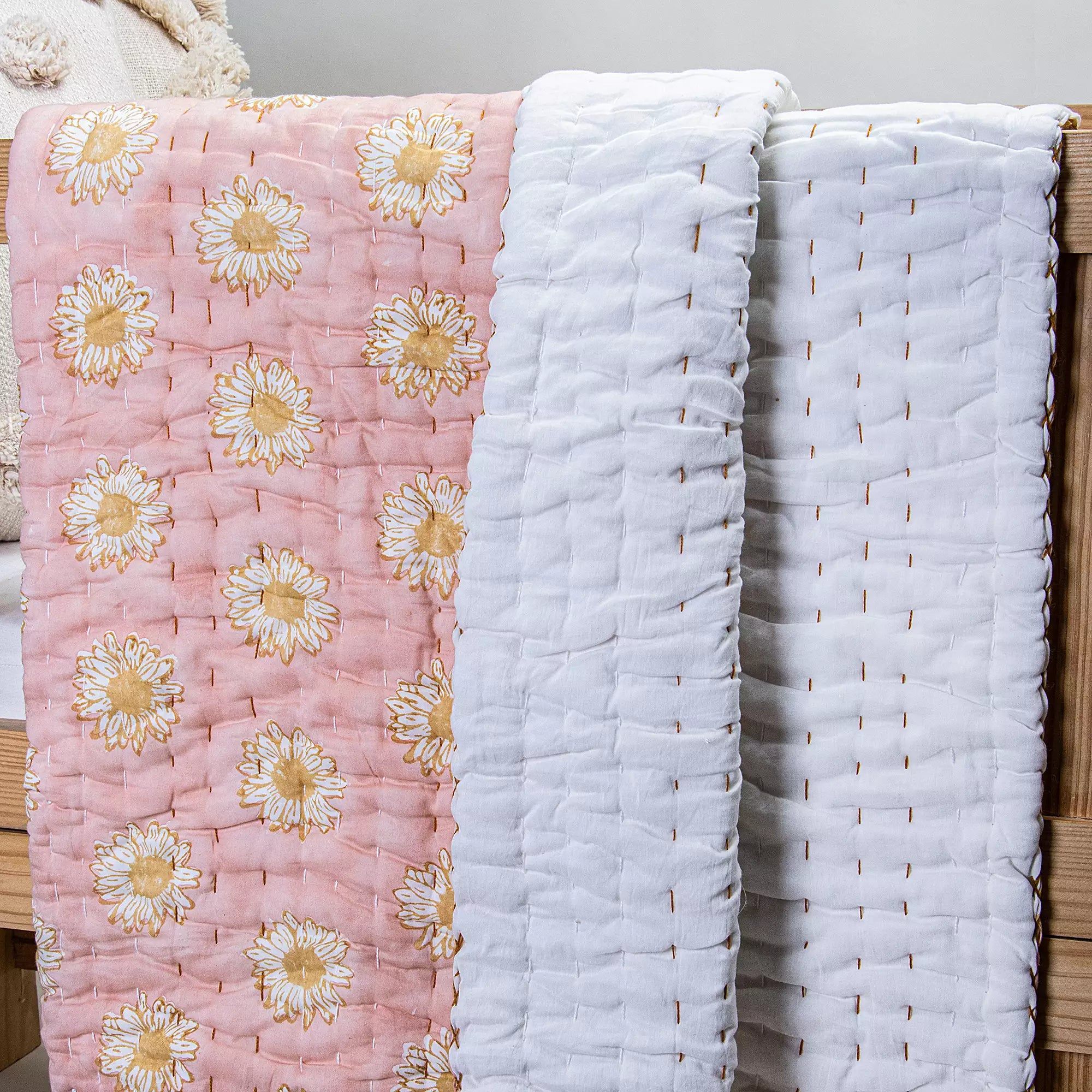 Softest Sun Flower Hand Block Printed Cotton Baby Quilt Blankets 090